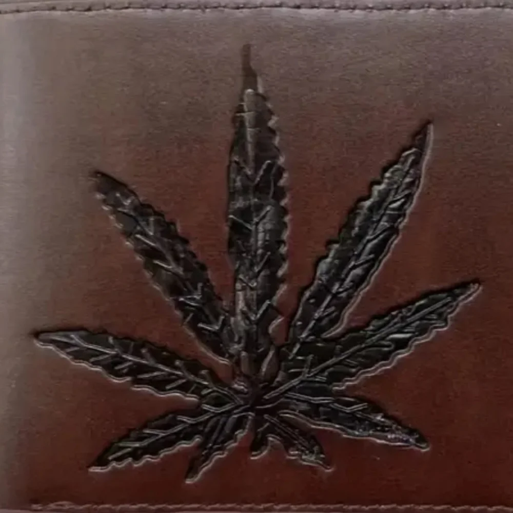DarkTan/Medium Brown Leather Bifold Wallet With Embossed Weed Leaf Design (OS)